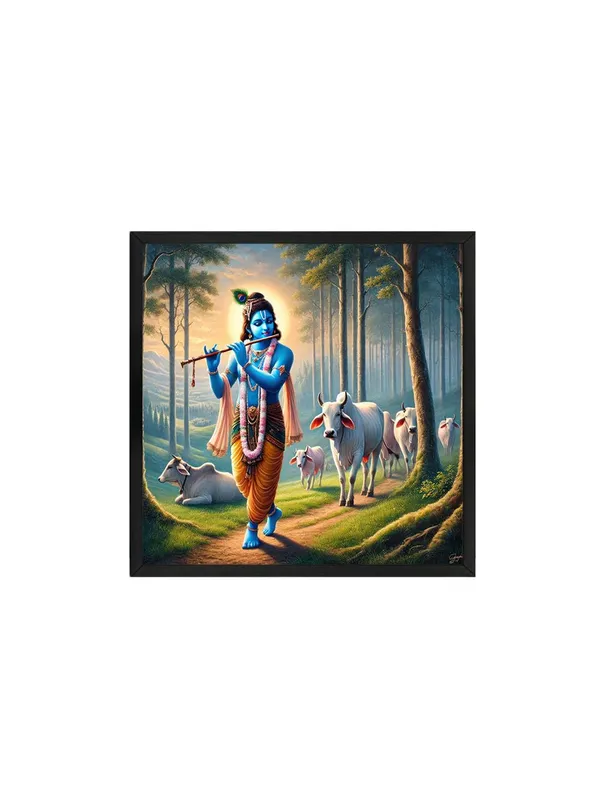 Box_Fiber_Frame_Lord_Krishna_with_Cows:_A_Divine_Canvas_Painting_Showcasing_Krishna�s_Blissful_Presence_Amidst_Nature_(BLF36X360306)