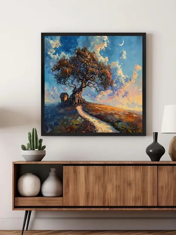 Box_Fiber_Frame_The_Path_of_Tranquility_with_the_tree_and_a_winding_path_leading_to_a_small_house_under_a_crescent_moontree_of_life_painting_(BLF24X240186)