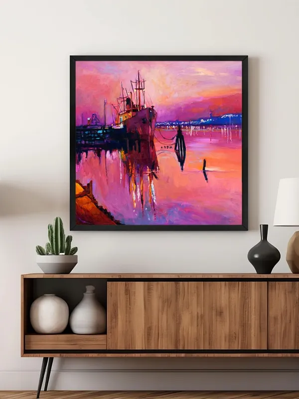 Box_Fiber_Frame_Ship_at_Pink_Sunset_Canvas-Wrapped_Painting,_24X24_Nautical_Art_for_Modern_Interiors_(BLF24X240318)