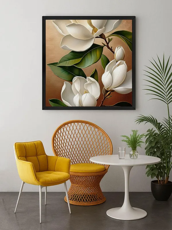 Box_Fiber_Frame_Elegant_Magnolia_Flower_Painting_-_Realistic_White_Magnolia_Art_with_Green_Leaves_and_Warm_Background_(BLF36X360174)
