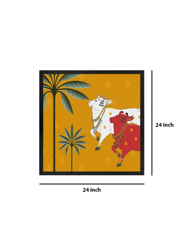 Box_Fiber_Frame_Traditional_Indian_Cow_pichwai_Art_Print_-_Colorful_White_and_Red_Cows_with_Palm_Trees_on_Golden_Background_(BLF24X240142)