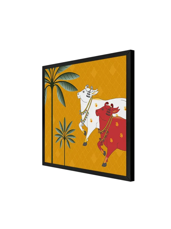 Box_Fiber_Frame_Traditional_Indian_Cow_pichwai_Art_Print_-_Colorful_White_and_Red_Cows_with_Palm_Trees_on_Golden_Background_(BLF24X240142)