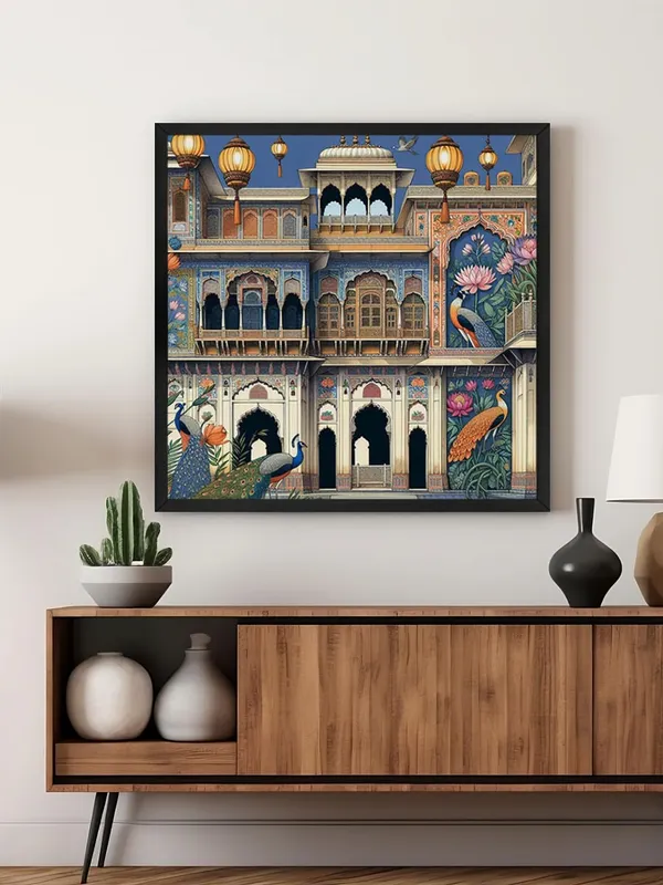 Box_Fiber_Frame_Traditional_Indian_Palace_Art_Print_-_Vibrant_Facade_with_Ornate_Architecture,_Intricate_Murals,_and_Elegant_Peacocks_(BLF36X360163)