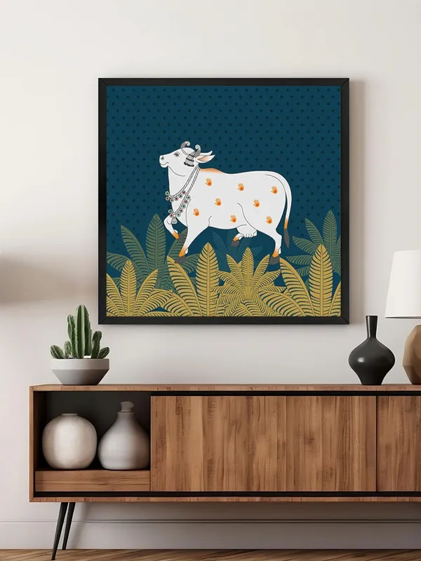 Box_Fiber_Frame_Traditional_Indian_Cow_Art_Print_-_Decorative_White_Cow_with_Gold_Foliage_on_Deep_Blue_Background_for_Elegant_Home_D�cor_(BLF36X360156)