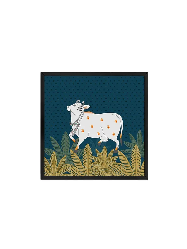 Box_Fiber_Frame_Traditional_Indian_Cow_Art_Print_-_Decorative_White_Cow_with_Gold_Foliage_on_Deep_Blue_Background_for_Elegant_Home_D�cor_(BLF36X360156)