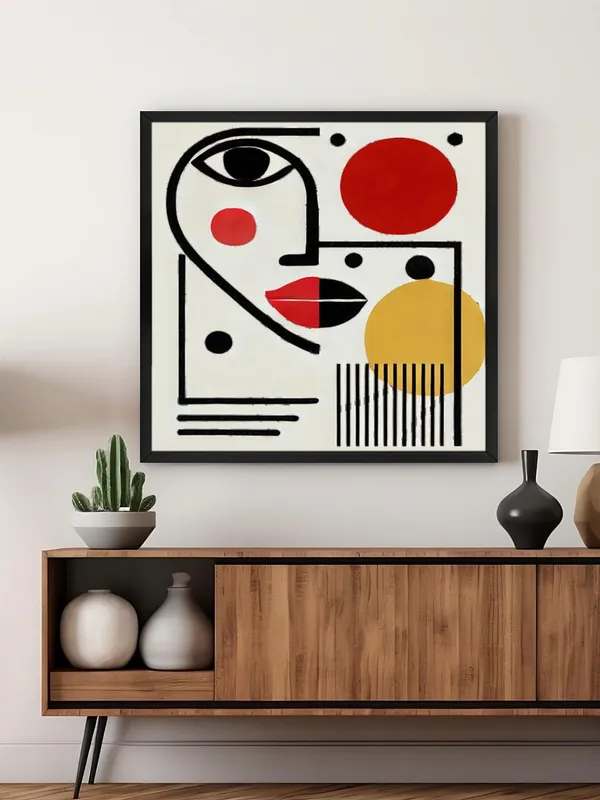 Modern_Abstract_Wall_Art_Print,_Black_Frame,_Geometric_Face_Design_with_Red_and_Yellow_Circles,_Contemporary_Home_Decor