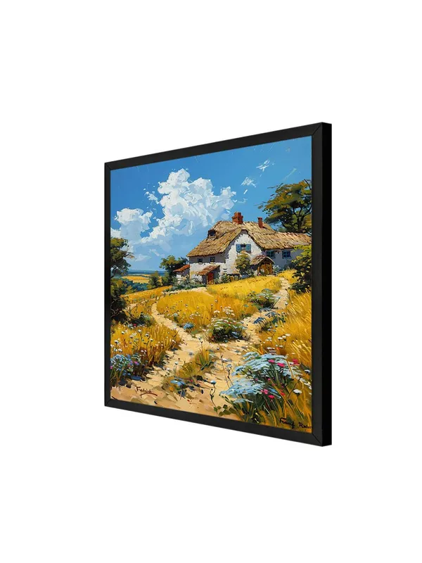 Rustic_Countryside_Cottage_Wall_Art,_Framed_Landscape_Canvas_Print,_Yellow_Wildflower_Field_Painting,_Black_Frame,_Home_Decor