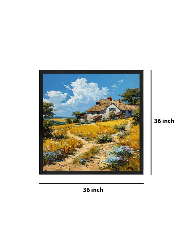 Rustic_Countryside_Cottage_Wall_Art,_Framed_Landscape_Canvas_Print,_Yellow_Wildflower_Field_Painting,_Black_Frame,_Home_Decor