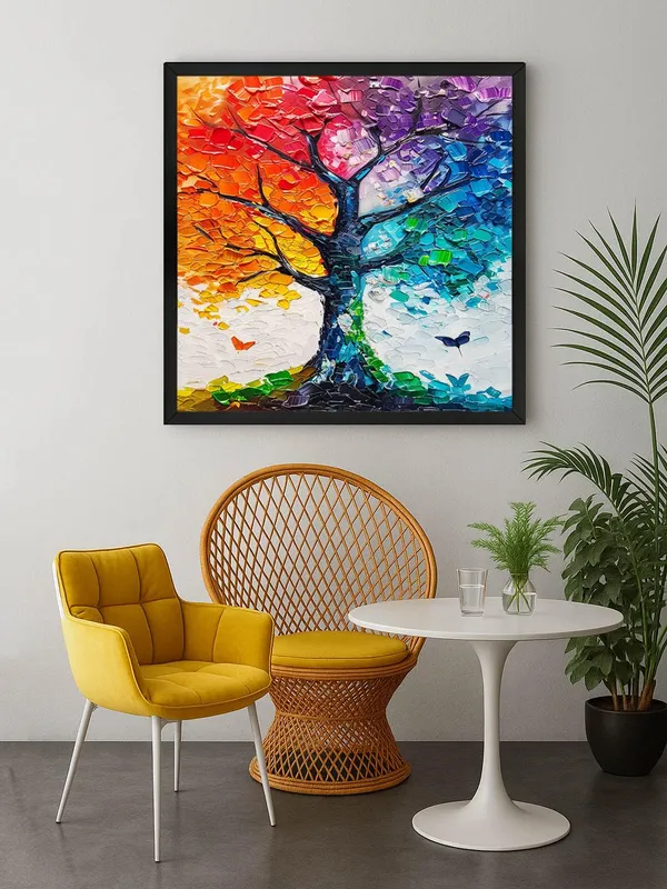 Rainbow_Tree_Wall_Art_Canvas,_Modern_Abstract_Painting,_Textured_Acrylic,_Black_Frame,_Living_Room_Decor