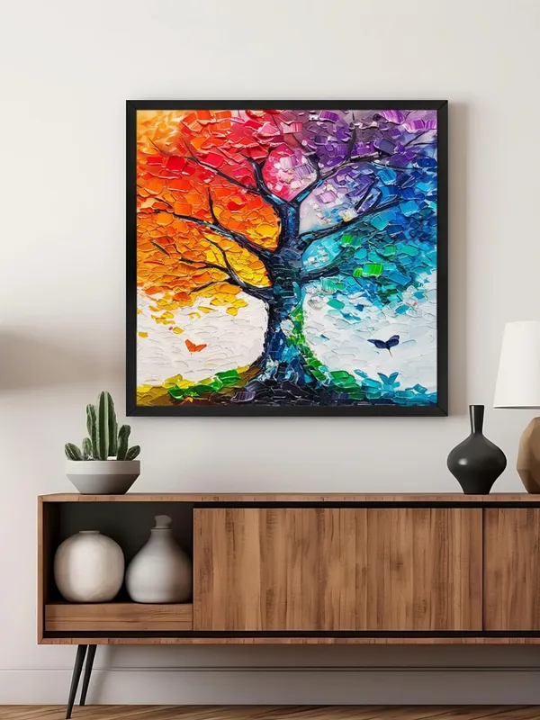 Rainbow_Tree_Wall_Art_Canvas,_Modern_Abstract_Painting,_Textured_Acrylic,_Black_Frame,_Living_Room_Decor