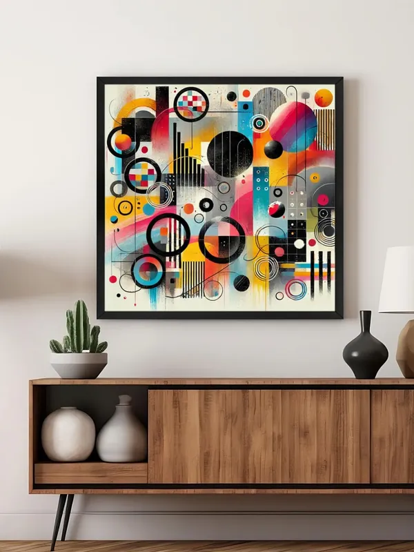 Modern_Abstract_Wall_Art,_Multicolour_Canvas_Print,_Black_Frame,_90_x_90_cm,_Geometric_Pattern