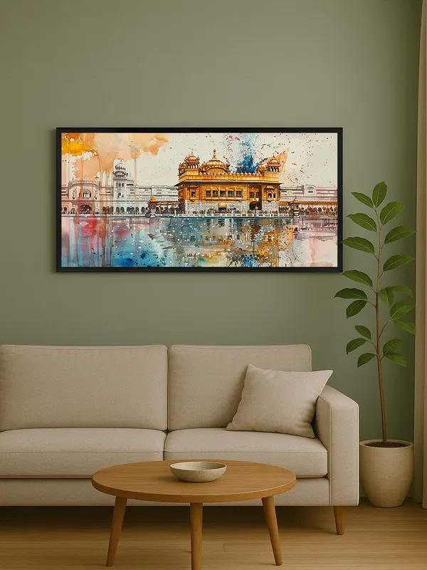 Golden_Temple_Amritsar_Watercolour_Art_Print,_Black_Frame,_Large_Wall_Decor