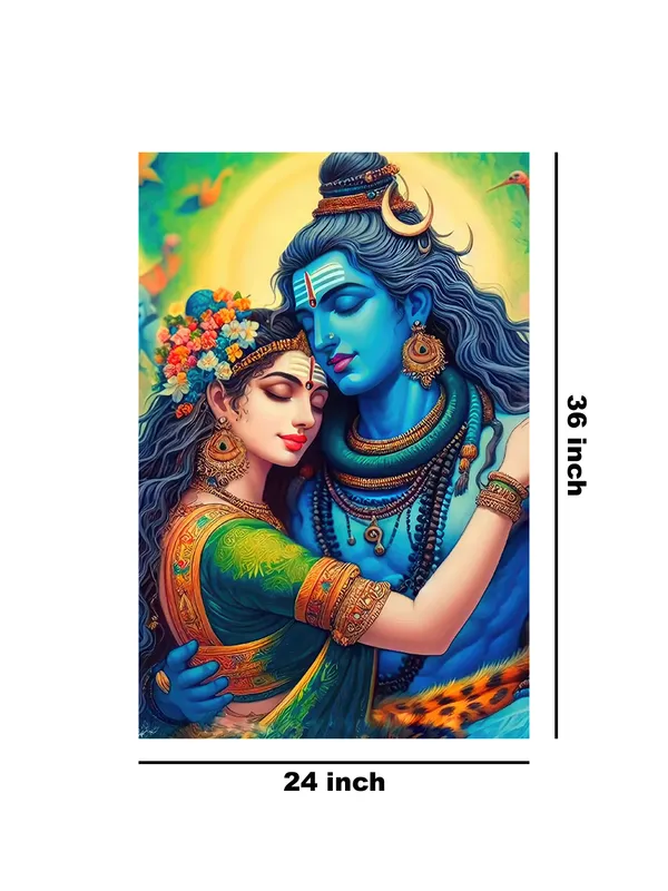 Canvas_Painting_Of_Shiva_And_Parvati_In_A_Romantic_Pose_With_Vibrant_Colors