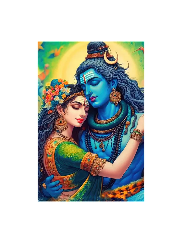 Canvas_Painting_Of_Shiva_And_Parvati_In_A_Romantic_Pose_With_Vibrant_Colors
