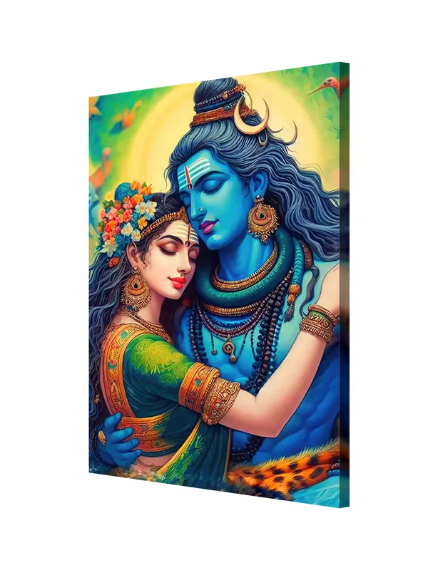 Canvas_Painting_Of_Shiva_And_Parvati_In_A_Romantic_Pose_With_Vibrant_Colors