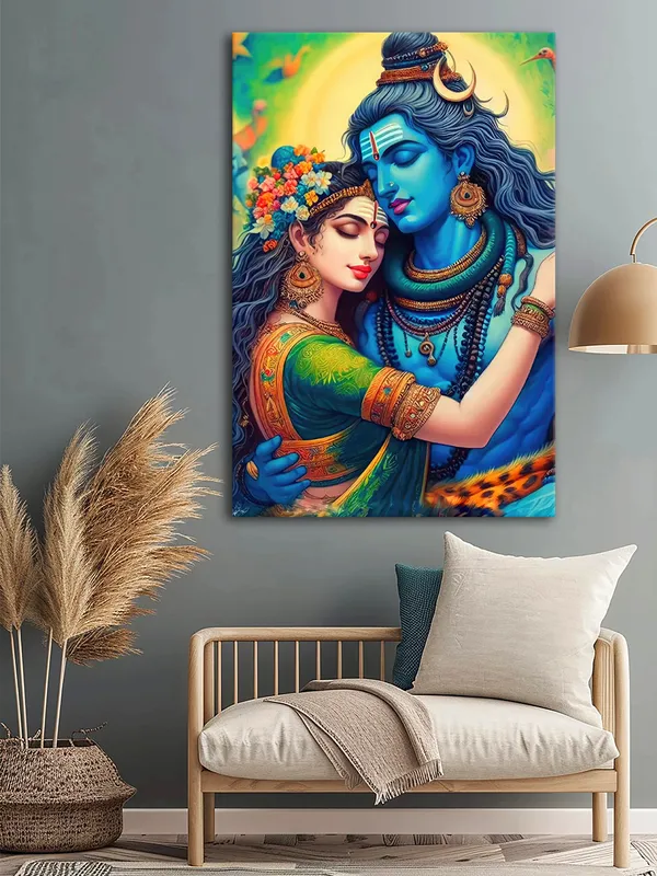 Canvas_Painting_Of_Shiva_And_Parvati_In_A_Romantic_Pose_With_Vibrant_Colors
