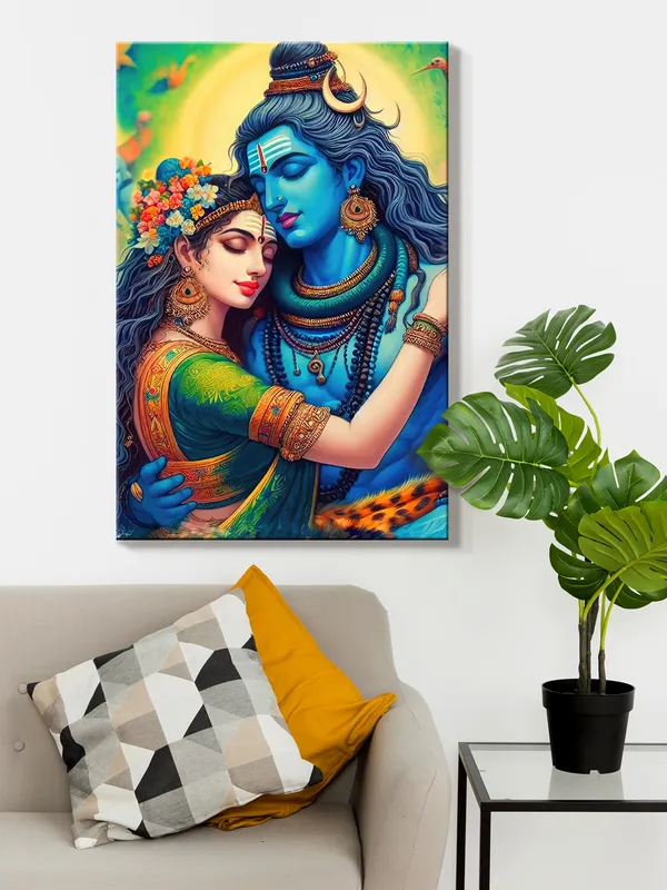 Canvas_Painting_Of_Shiva_And_Parvati_In_A_Romantic_Pose_With_Vibrant_Colors