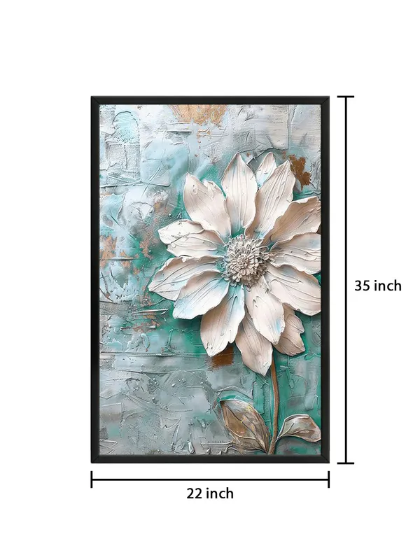 Box_Fiber_Frame_Textured_Flower_Canvas_Painting_With_Turquoise_And_White_-_Elegant_Floral_Wall_Art