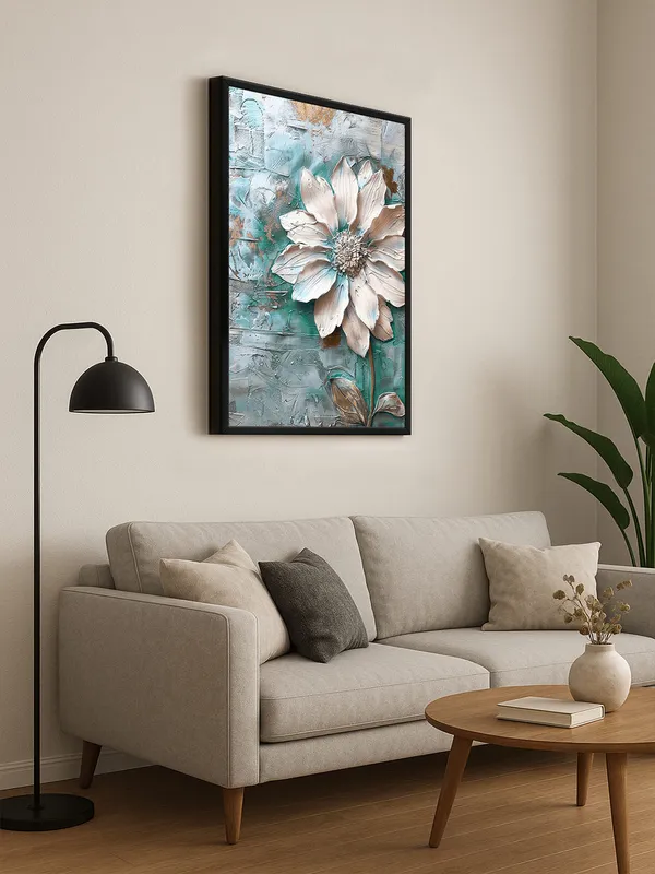 Box_Fiber_Frame_Textured_Flower_Canvas_Painting_With_Turquoise_And_White_-_Elegant_Floral_Wall_Art