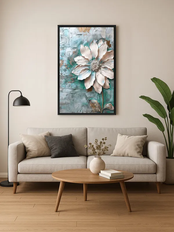 Box_Fiber_Frame_Textured_Flower_Canvas_Painting_With_Turquoise_And_White_-_Elegant_Floral_Wall_Art