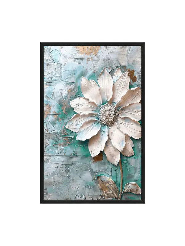 Box_Fiber_Frame_Textured_Flower_Canvas_Painting_With_Turquoise_And_White_-_Elegant_Floral_Wall_Art