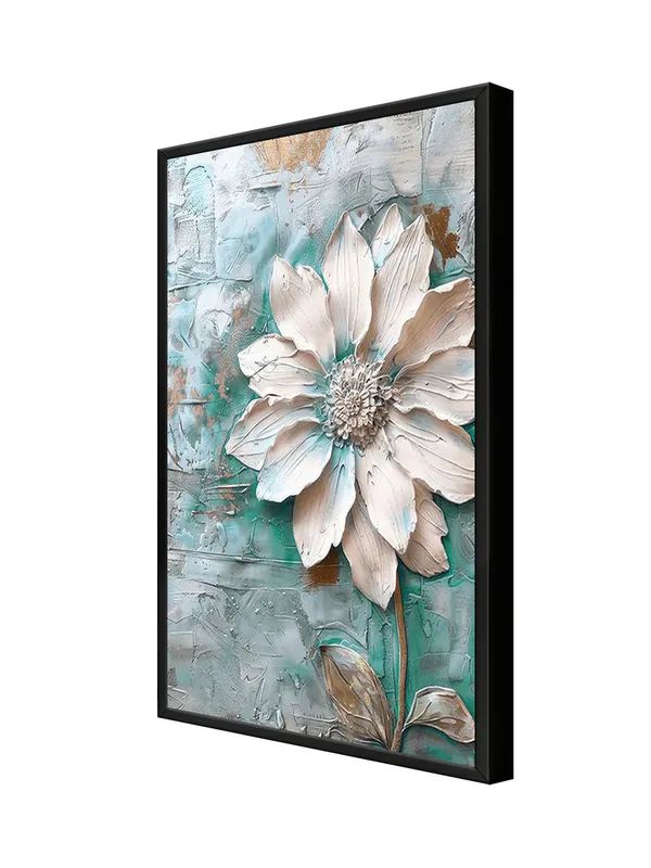 Box_Fiber_Frame_Textured_Flower_Canvas_Painting_With_Turquoise_And_White_-_Elegant_Floral_Wall_Art