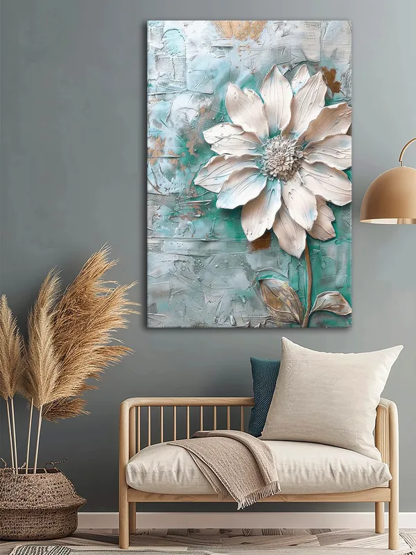 Textured_Flower_Canvas_Painting_With_Turquoise_And_White_-_Elegant_Floral_Wall_Art