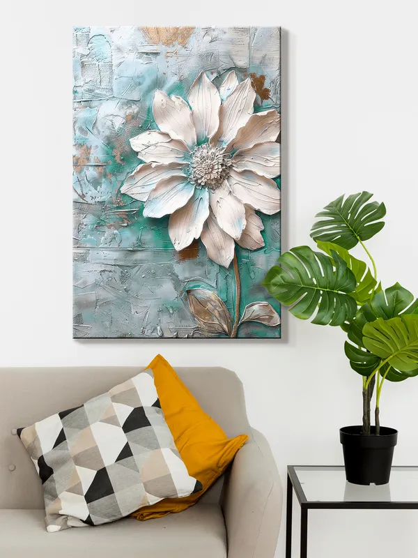Textured_Flower_Canvas_Painting_With_Turquoise_And_White_-_Elegant_Floral_Wall_Art