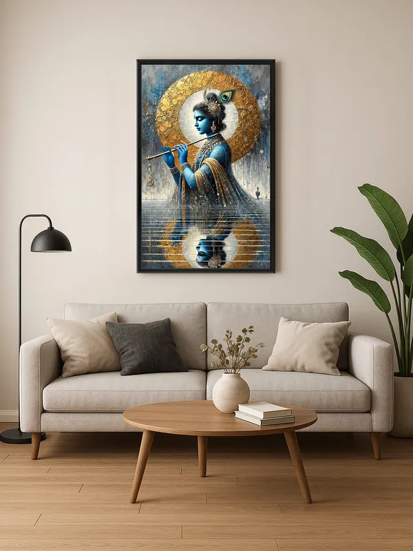 Box_Fiber_Frame_Krishna_With_Flute_Reflection_Canvas-Wrapped_Painting_|_|_Majestic,_Spiritual_Art,_Divine_Energy_Decor