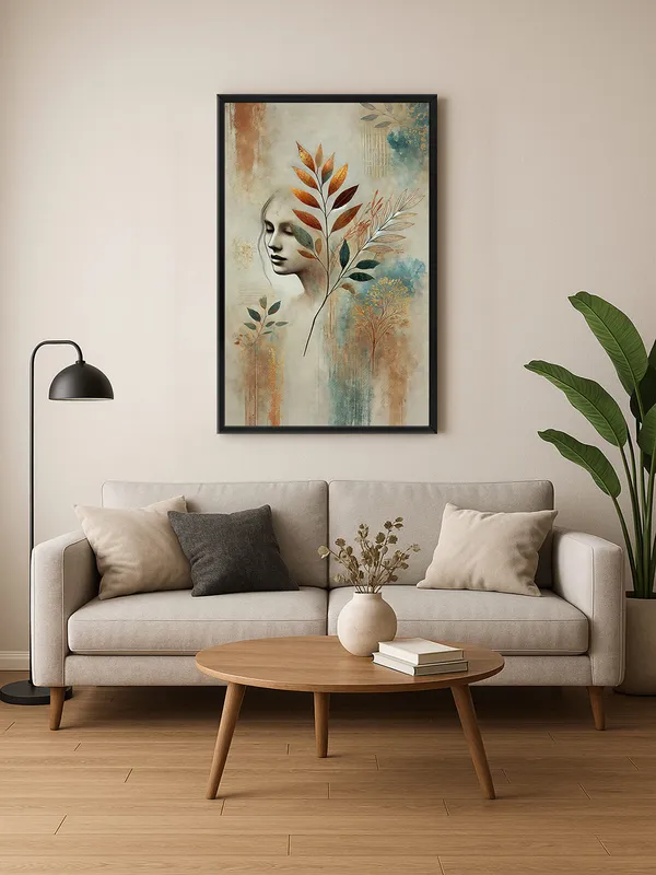 Box_Fiber_Frame_Elegant_Woman_Face_With_Botanical_Leaves_Canvas-Wrapped_Painting_|_Modern_Wall_Art_|_Abstract_Feminine_Portrait