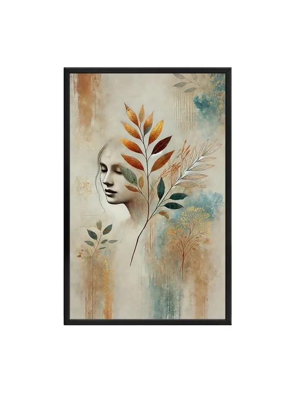 Box_Fiber_Frame_Elegant_Woman_Face_With_Botanical_Leaves_Canvas-Wrapped_Painting_|_Modern_Wall_Art_|_Abstract_Feminine_Portrait