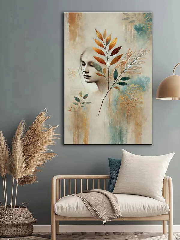 Elegant_Woman_Face_With_Botanical_Leaves_Canvas-Wrapped_Painting_|_Modern_Wall_Art_|_Abstract_Feminine_Portrait