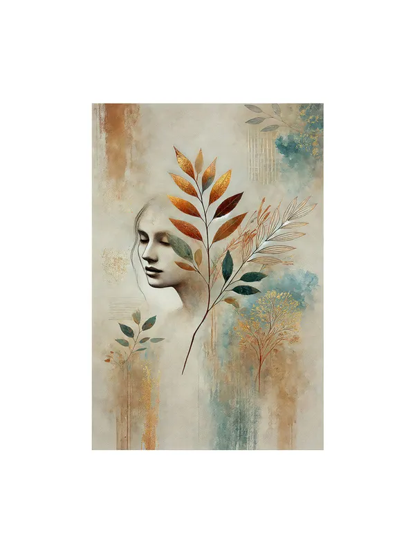 Elegant_Woman_Face_With_Botanical_Leaves_Canvas-Wrapped_Painting_|_Modern_Wall_Art_|_Abstract_Feminine_Portrait