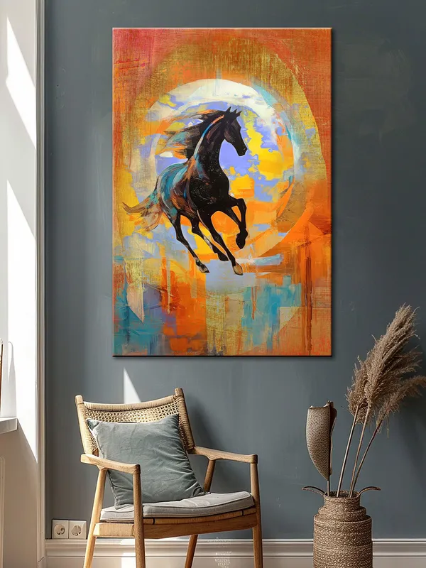 Dynamic_Black_Horse_Canvas-Wrapped_Painting_–_Vibrant_Equestrian_Art_For_Office,_Home