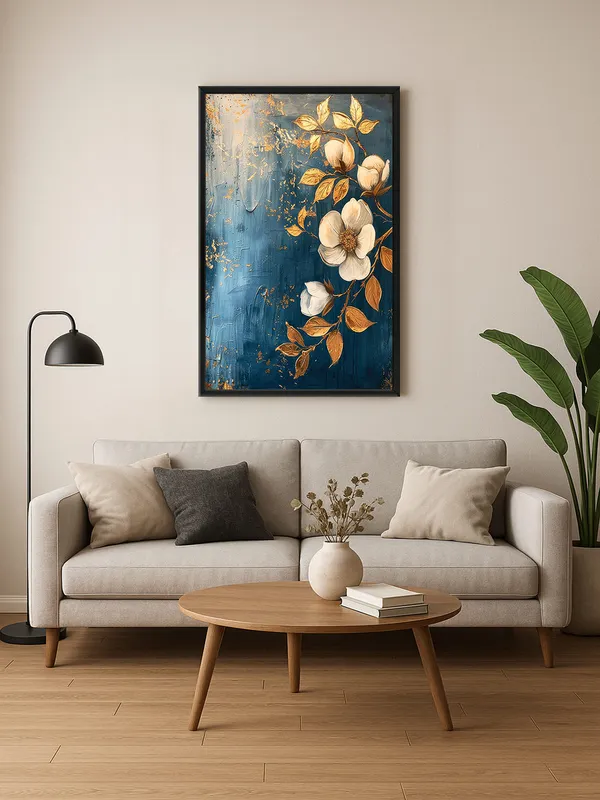Box_Fiber_Frame_Golden_And_White_Floral_Canvas_Art_On_Blue_Background_-_Elegant_Wall_Decor_For_Modern_Interiors