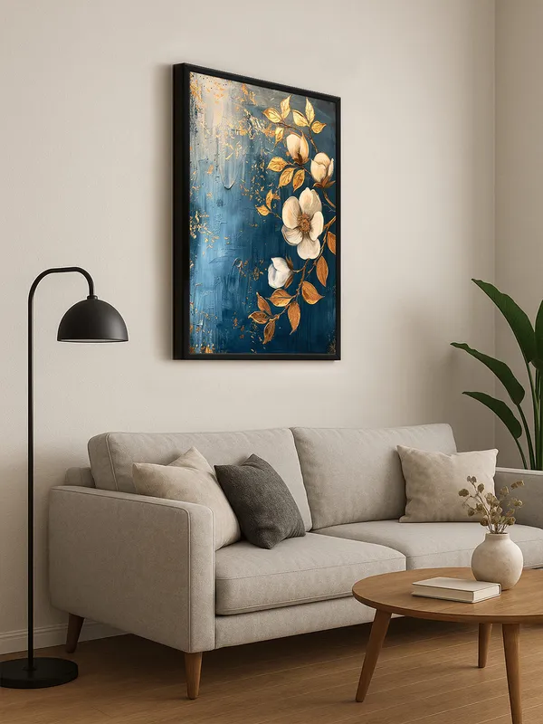 Box_Fiber_Frame_Golden_And_White_Floral_Canvas_Art_On_Blue_Background_-_Elegant_Wall_Decor_For_Modern_Interiors