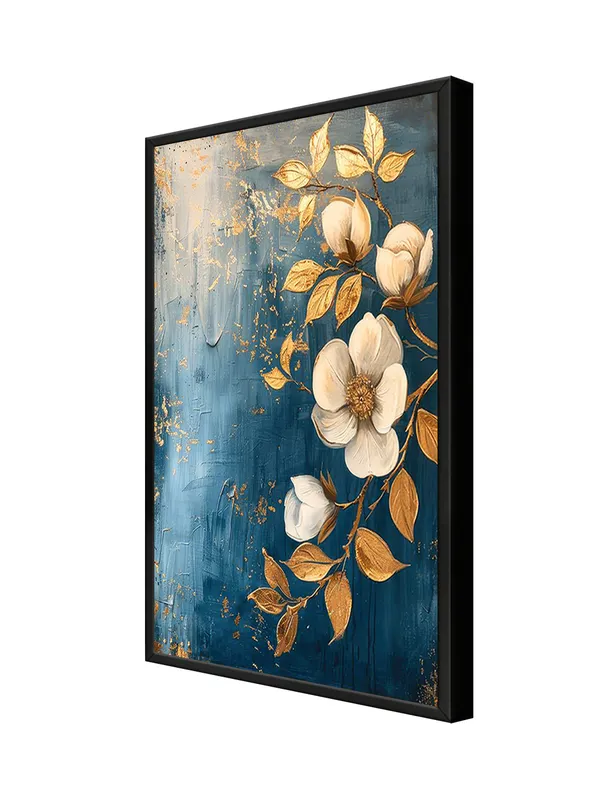 Box_Fiber_Frame_Golden_And_White_Floral_Canvas_Art_On_Blue_Background_-_Elegant_Wall_Decor_For_Modern_Interiors