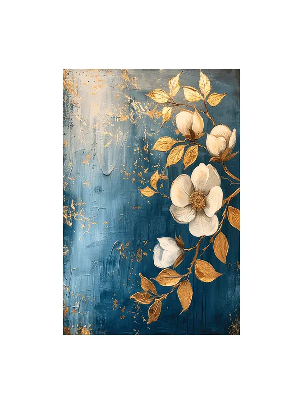Golden_And_White_Floral_Canvas_Art_On_Blue_Background_-_Elegant_Wall_Decor_For_Modern_Interiors