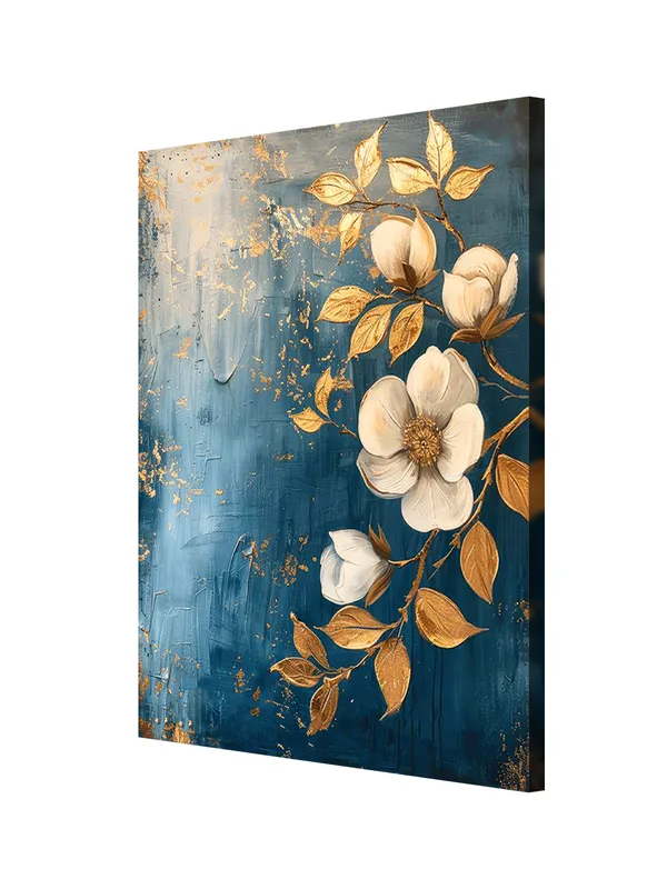 Golden_And_White_Floral_Canvas_Art_On_Blue_Background_-_Elegant_Wall_Decor_For_Modern_Interiors