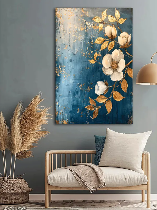 Golden_And_White_Floral_Canvas_Art_On_Blue_Background_-_Elegant_Wall_Decor_For_Modern_Interiors