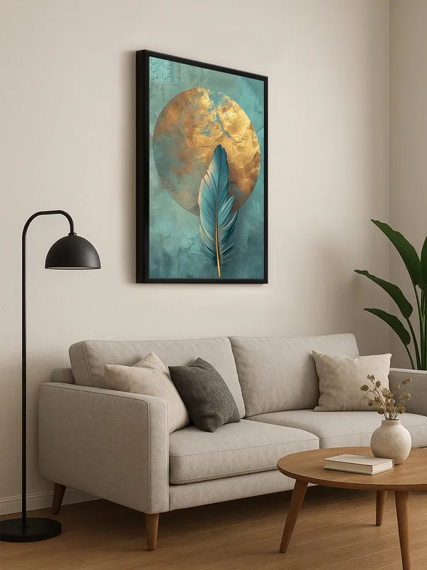 Box_Fiber_Frame_Feather_Canvas_Painting_With_Gold_And_Turquoise_Accents_-_Modern_Wall_Art_For_Elegant_Interiors