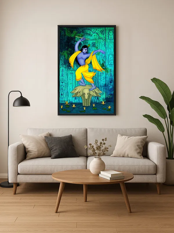 Box_Fiber_Frame_Krishna_On_Multi-Headed_Snake_Canvas-Wrapped_Painting_-_Intricate_Religious_Art_For_Devotional_Spaces