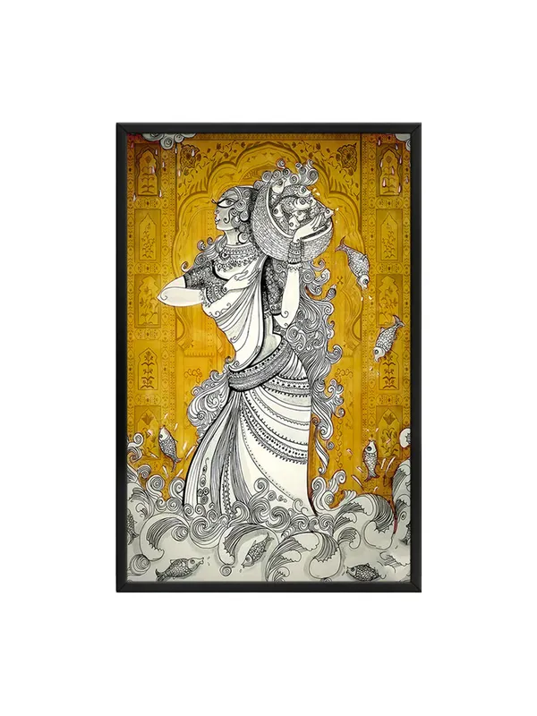 Box_Fiber_Frame_Ethnic_Art_Woman_With_Fish_Canvas-Wrapped_Painting_-_Intricate_Tribal_Wall_Art_For_Cultural_Spaces