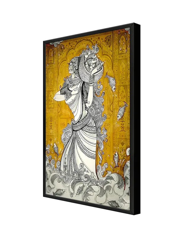 Box_Fiber_Frame_Ethnic_Art_Woman_With_Fish_Canvas-Wrapped_Painting_-_Intricate_Tribal_Wall_Art_For_Cultural_Spaces