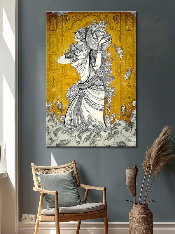Ethnic_Art_Woman_With_Fish_Canvas-Wrapped_Painting_-_Intricate_Tribal_Wall_Art_For_Cultural_Spaces