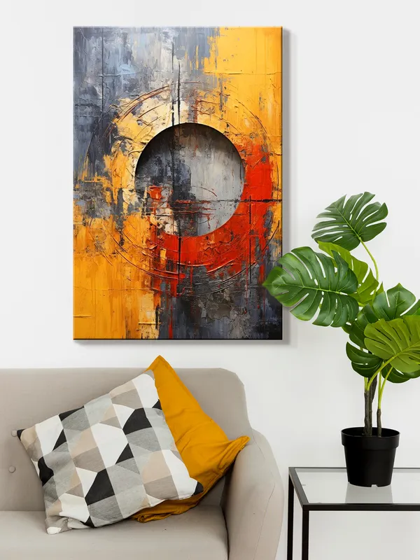 Abstract_Circular_Pattern_Canvas_Painting_In_Yellow_And_Orange_With_Textured_Background
