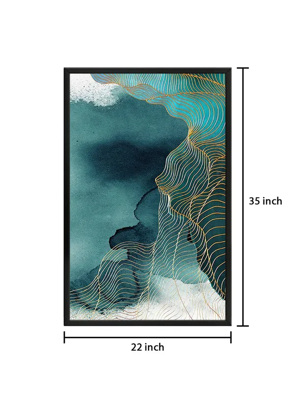 Box_Fiber_Frame_Abstract_Canvas_Painting_With_Golden_Lines_And_Teal_Shades_In_A_Flowing_Pattern