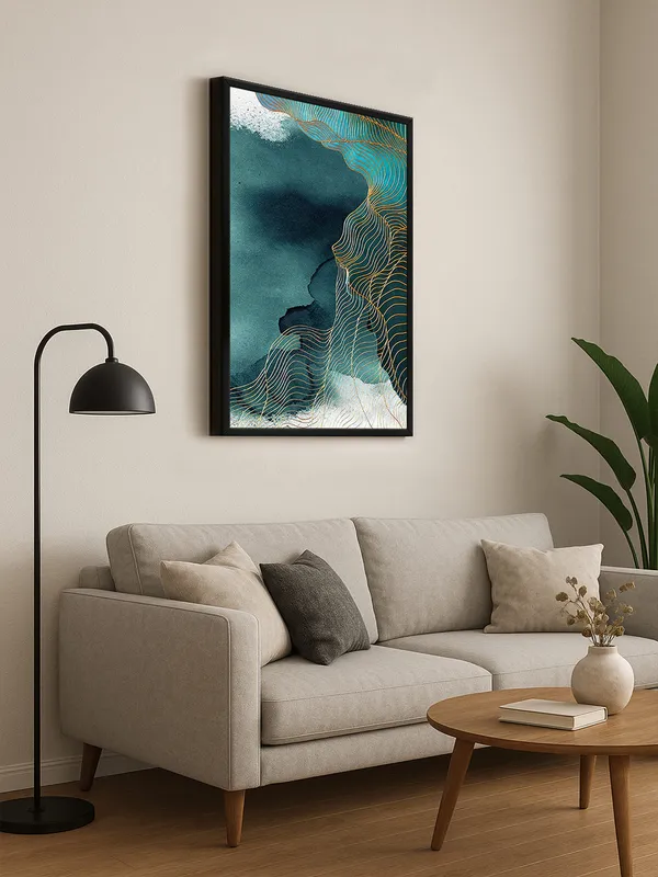 Box_Fiber_Frame_Abstract_Canvas_Painting_With_Golden_Lines_And_Teal_Shades_In_A_Flowing_Pattern