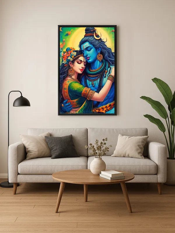 Box_Fiber_Frame_Canvas_Painting_Of_Shiva_And_Parvati_In_A_Romantic_Pose_With_Vibrant_Colors