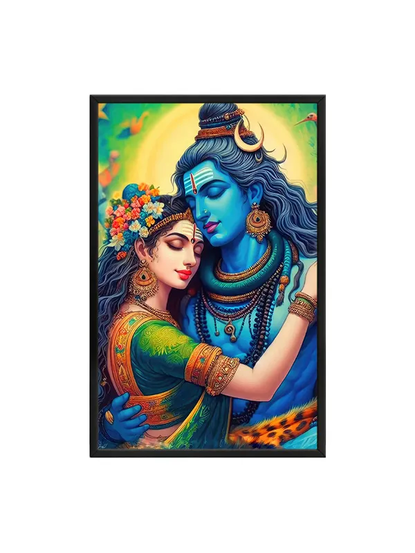 Box_Fiber_Frame_Canvas_Painting_Of_Shiva_And_Parvati_In_A_Romantic_Pose_With_Vibrant_Colors